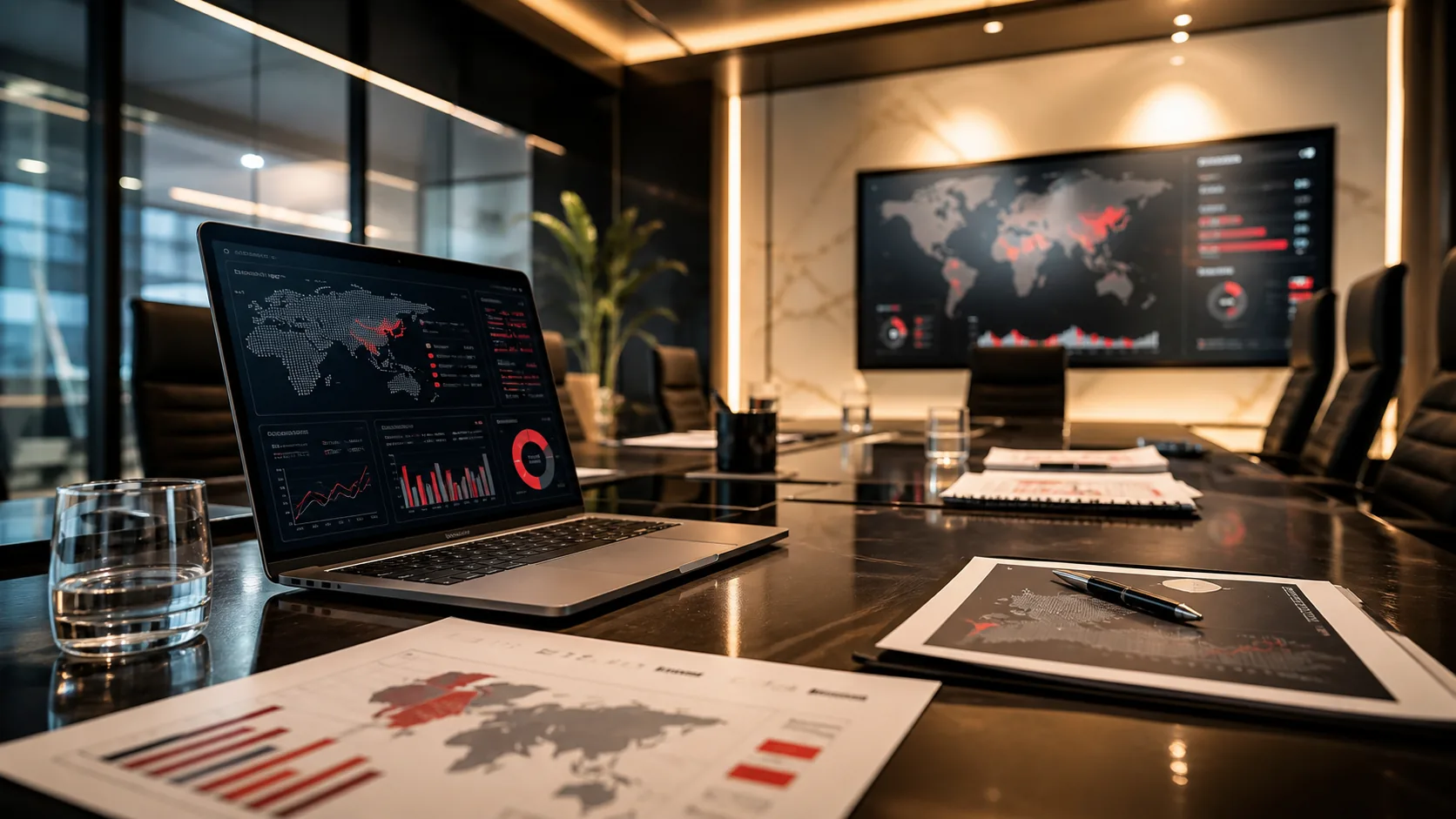 Sala executiva com dashboards de risco cibernético e inteligência de ameaças