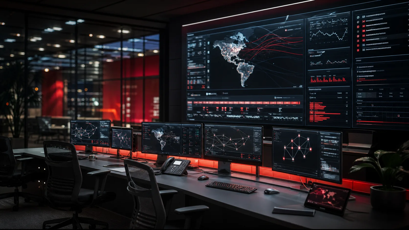 Centro de operações de segurança com mapas de telemetria e painéis de ameaças